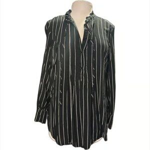 Vera Wang Womens Black White Vertical Stripe Blouse Long Sleeve Ruffle Collar SM